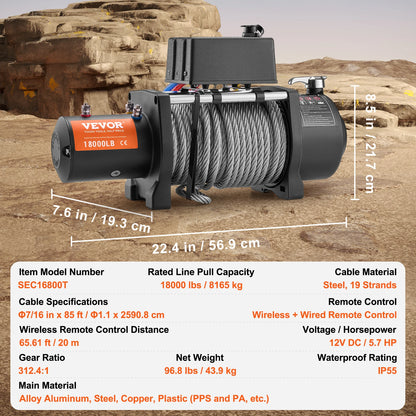 SucceBuy 18000lbs Electric Winch Car Truck Steel Cable Winch with 85ft Wire Rope Wireless Remote Control for Towing Off-Road SUV