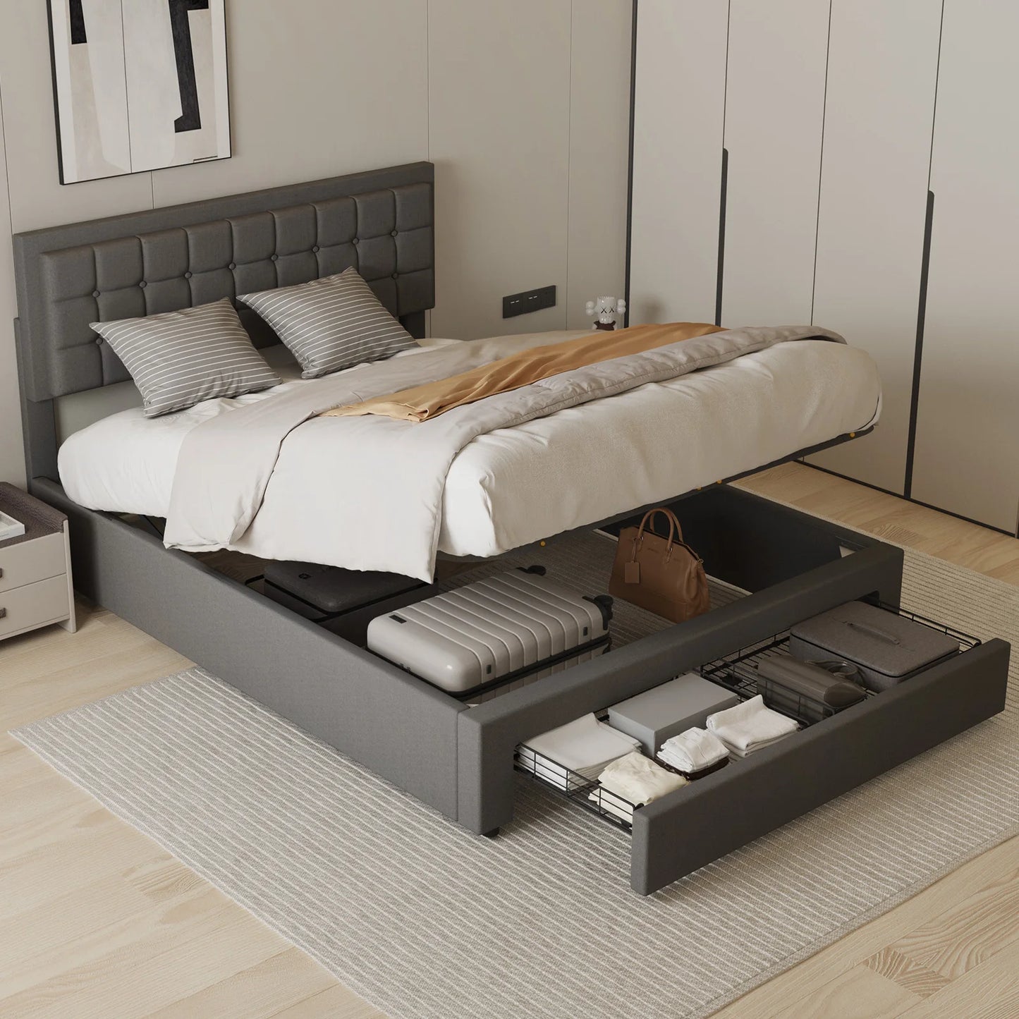 Tweepersoonsbed – Bedframe – Slaapbed – Opbergbed – Boxspringbed – Stabiel Metalen Frame – Hydraulische Opbergruimte 140x200 cm - Donkergrijs - QUORE
