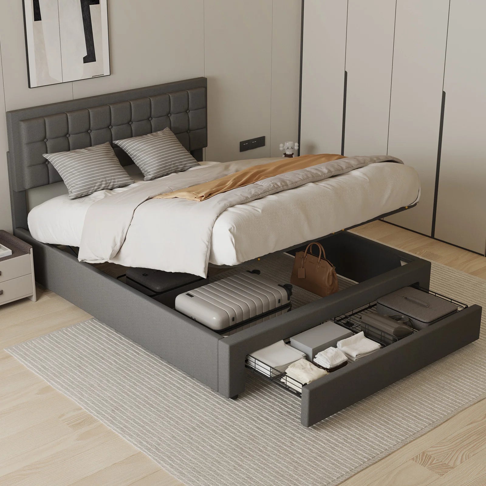Tweepersoonsbed – Bedframe – Slaapbed – Opbergbed – Boxspringbed – Stabiel Metalen Frame – Hydraulische Opbergruimte 140x200 cm - Donkergrijs - QUORE
