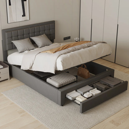 Tweepersoonsbed – Bedframe – Slaapbed – Opbergbed – Boxspringbed – Stabiel Metalen Frame – Hydraulische Opbergruimte 140x200 cm - Donkergrijs - QUORE