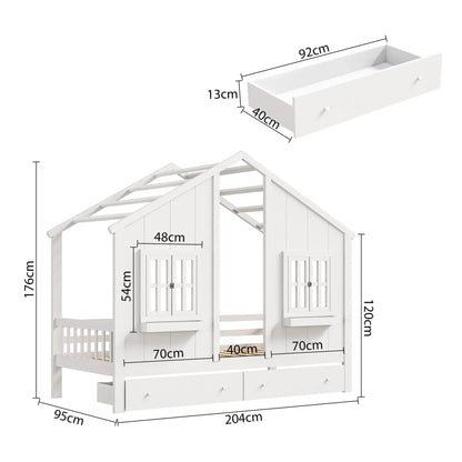 Kinderbed – Huisbed – Bedhuisje – Kinderbed Met Opberglade – Grenenhout – 90x200 Cm Matrasmaat