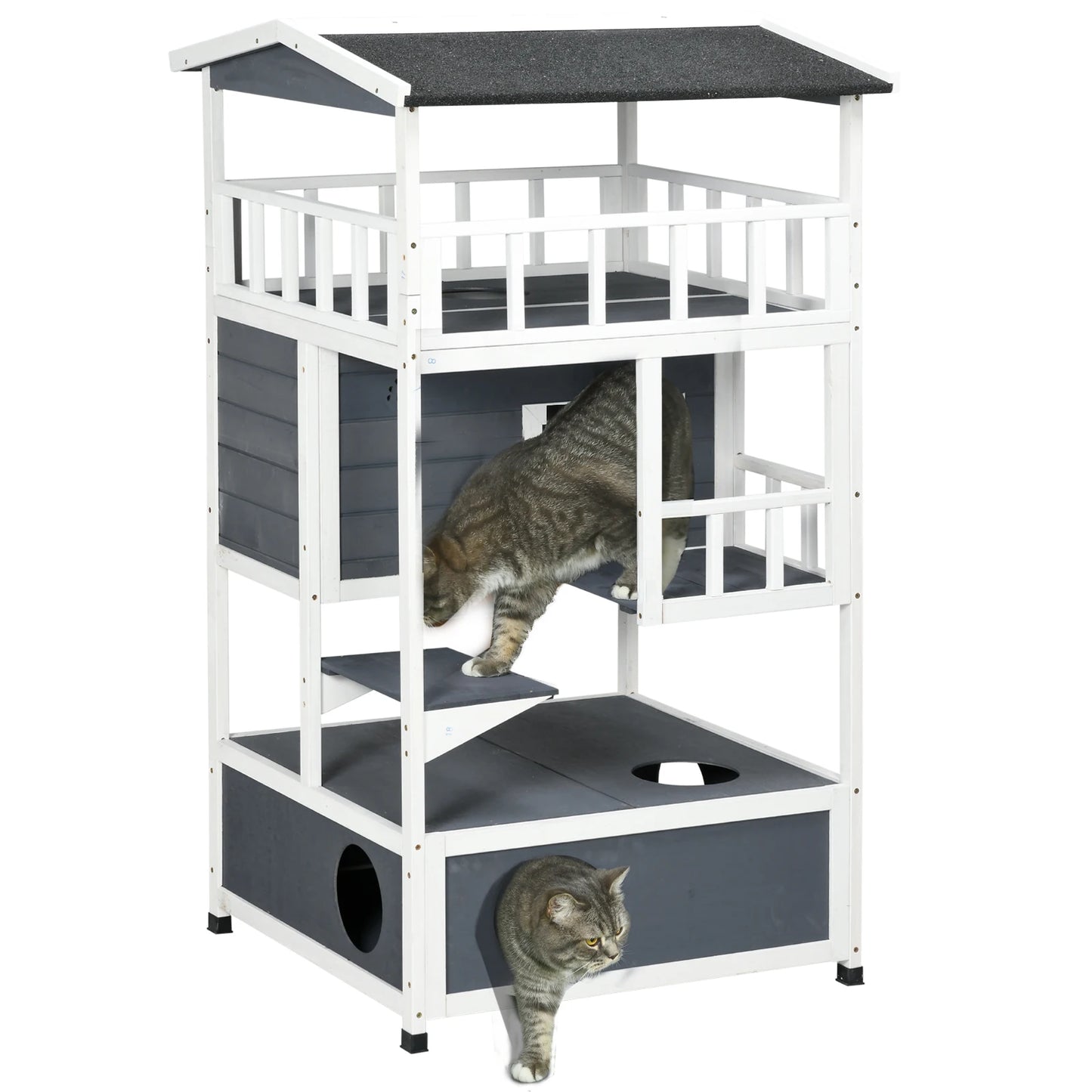 Houten Kattenhuis – Kattenhuisje – Kattencondo – Kattenverblijf – Kattenhok – Weerbestendig Met Grijs Asfalt Dak – 3 Verdiepingen Met Veel Ruimte - QUORE