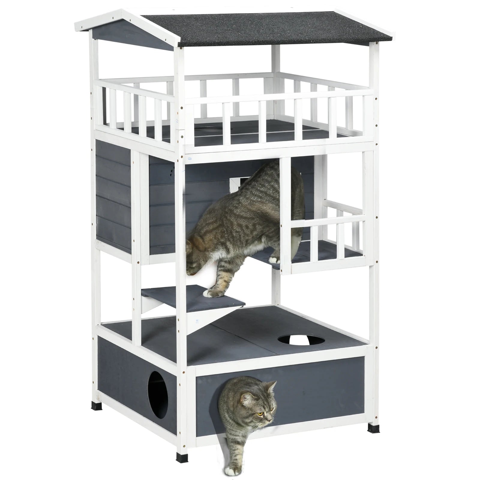 Houten Kattenhuis – Kattenhuisje – Kattencondo – Kattenverblijf – Kattenhok – Weerbestendig Met Grijs Asfalt Dak – 3 Verdiepingen Met Veel Ruimte - QUORE