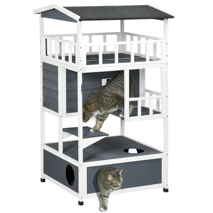 Houten Kattenhuis – Kattenhuisje – Kattencondo – Kattenverblijf – Kattenhok – Weerbestendig Met Grijs Asfalt Dak – 3 Verdiepingen Met Veel Ruimte - QUORE
