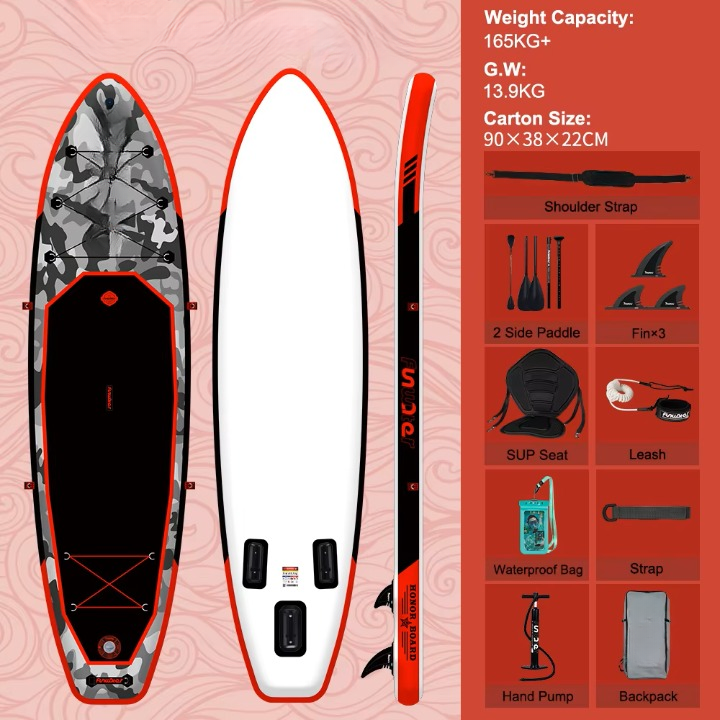 Supboard - Paddle Board - Peddelplank - Surfplank - Opblaasbaar - met Zitje - Inc. Rugzak - Peddel - Handpomp - Reparatieset - Leiband - Vinnen - Handleiding - Waterdichte Tas - 330 × 84 × 15 cm - Rood