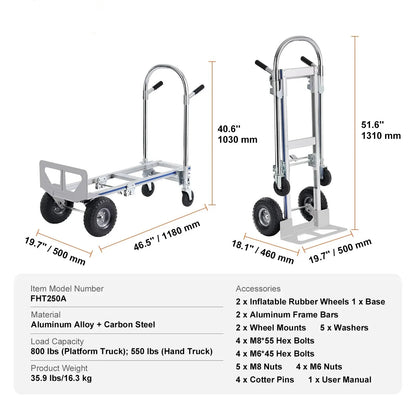 Steekwagen - Steekkar - Steekwagen Opvouwbaar - Transportkar - Transportwagen - Aluminium - Zware - Vouwbare Kar - voor Magazijn en Supermarkt - 800lbs - Zilver