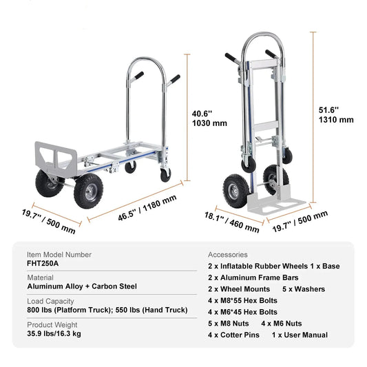 Steekwagen - Steekkar - Steekwagen Opvouwbaar - Transportkar - Transportwagen - Aluminium - Zware - Vouwbare Kar - voor Magazijn en Supermarkt - 800lbs - Zilver