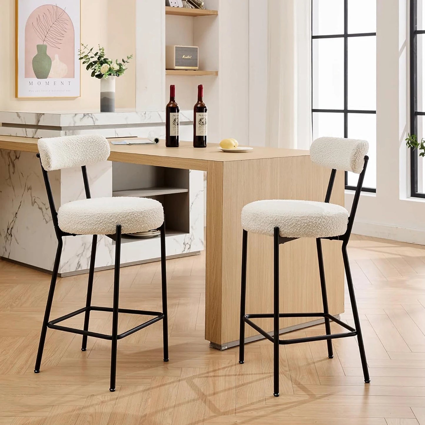 Wpond 27" Boucle Bar Stools Set of 2, Boucle Counter Stools with Back for 2 People, Modern Metal Tall Bar Stools, Upholstered Co - QUORE