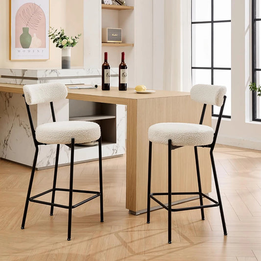 Barstoel – Barstoel Met Rugleuning – Keukenstoel – Barkruk – Bistrostoel – Beige Bouclé Stoffering – Met Zacht Schuimkussen En Stabiel Zwart Metalen Frame - QUORE
