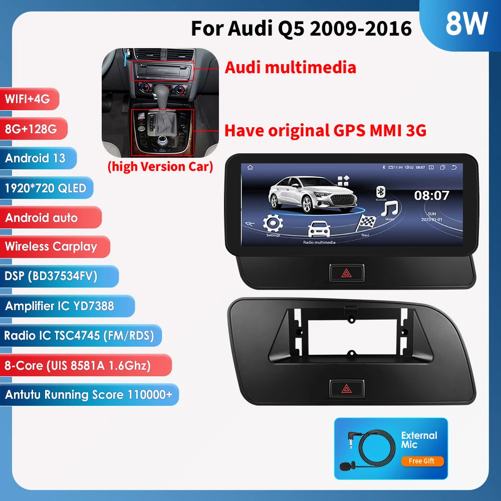 Hizpo AI Voice WIFI 4G-LTE Android 14Car Radio for Audi Q5 2009-2016 Multimedia Video Player GPS 2din BT Autoradio