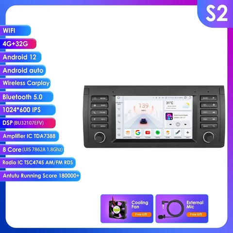CarPlay - Multimedia Autoradio - Car CarPlay Scherm - Autoradio - 2 Din - Android 12 - Auto Multimedia Speler - Navigatie - voor BMW E39 E53 M5 1995-2003 - Audio Stereo - BT - GPS - Wifi - S2 (8Core 4G 32G)