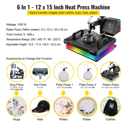 6-in-1 Hittepersmachine - 12x15 Inch Multifunctionele Sublimatie Pers - Geschikt voor T-Shirts - Mokken - Hoeden - Borden - 360° Swing-Away Transferpers