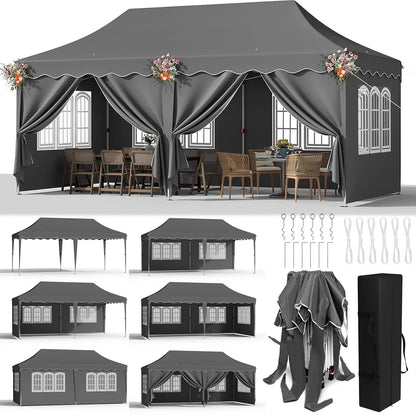Paviljoen - Tuinpaviljoen - Partytent - Tuintent - Pop-up Kliksysteem - Stabiel - Vouwtent - Opvouwbaar - met 6 Zijpanelen - Waterdicht - Winterbestendig - 50+UV-Bescherming - voor Tuin - Buiten - Achtertuin - Oxford fabric - 3 x 6 m - Donkergrijs - QUORE