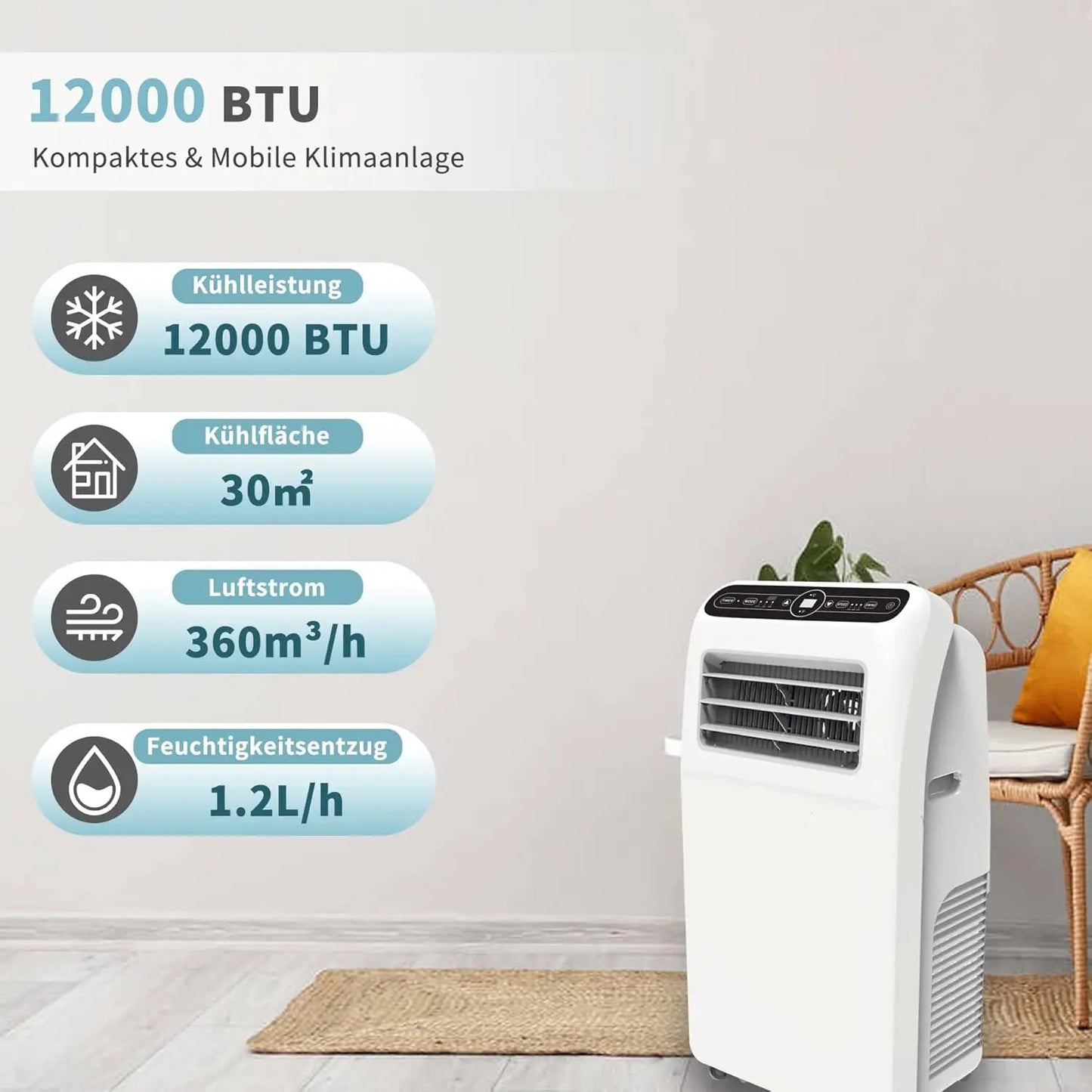 Mobiele Airco - Draagbare Airconditioning - Mini-Airconditioning - met Uitlaatslang - voor Koeling - Ventileren - Ontvochtigen - 12000 BTU - 3.5 kW - 30m² - 44.3 x 34 x 83 cm - Wit