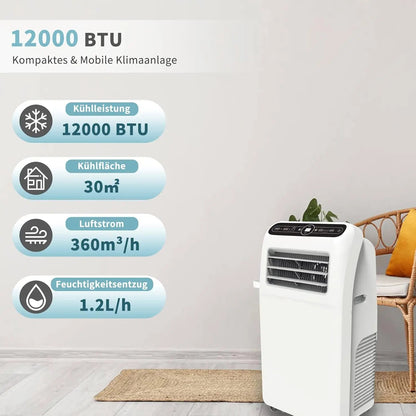 Mobiele Airco - Draagbare Airconditioning - Mini-Airconditioning - met Uitlaatslang - voor Koeling - Ventileren - Ontvochtigen - 12000 BTU - 3.5 kW - 30m² - 44.3 x 34 x 83 cm - Wit