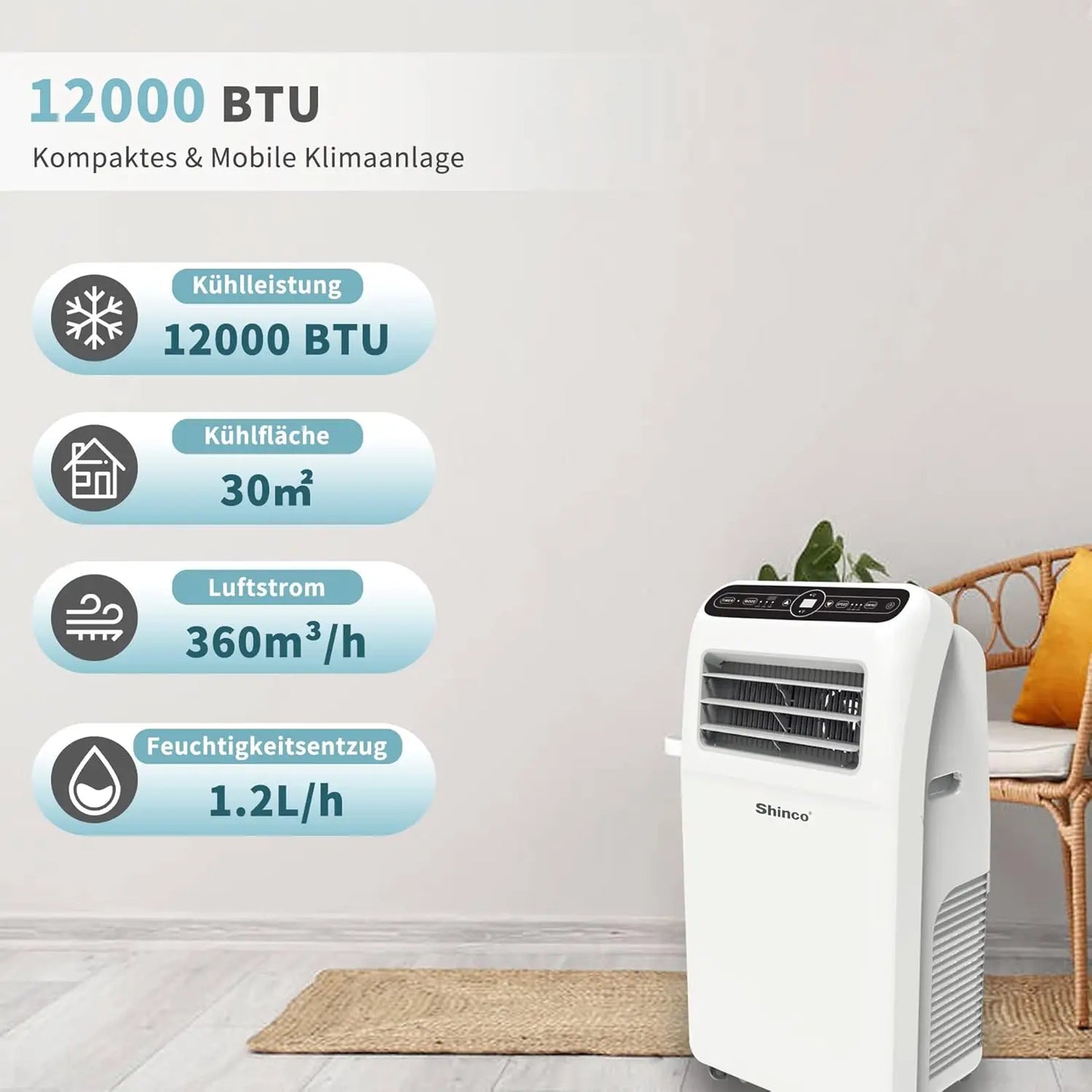 Mobiele Airconditioner – Draagbare Airco – Airco Met Timer – Luchtontvochtiger – 12000 BTU – 3-In-1 Functie
