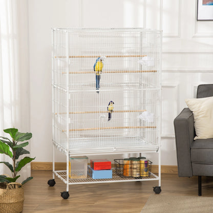 Vogelkooi – Vogelkooi Op Wielen – Vogelkooi Groot – Kooi Voor Parkieten – Kooi Voor Kleine Vogels – Ruime Afmetingen 78x52x132 cm – Verwijderbare Bodemlade & 6 Toegangsdeuren