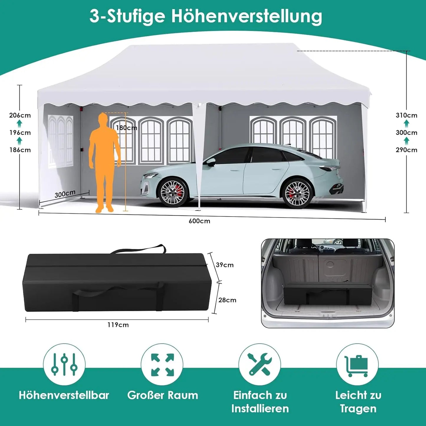 Tuinpaviljoen – Partytent – Pop-Up Tent – Inklapbare Tent – 3X6 Meter – Waterdicht 210D Oxford – UV-Bescherming Factor 50+ - Blauw - QUORE