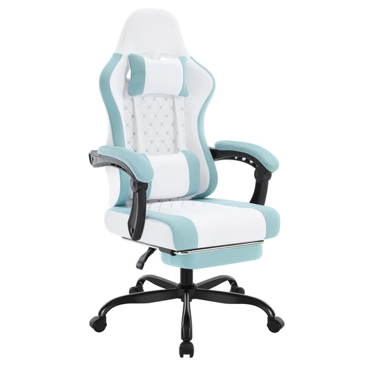 Gaming Stoel - Massage Gaming Stoel - Bureaustoel - Swivel Stoel - met Voetsteun - Hoofdsteun - Verstelbare - Rugleuning - Lendenkussen - Ergonomische - Draaibare - 70 x 70 x 127 cm - Wit & Blauw