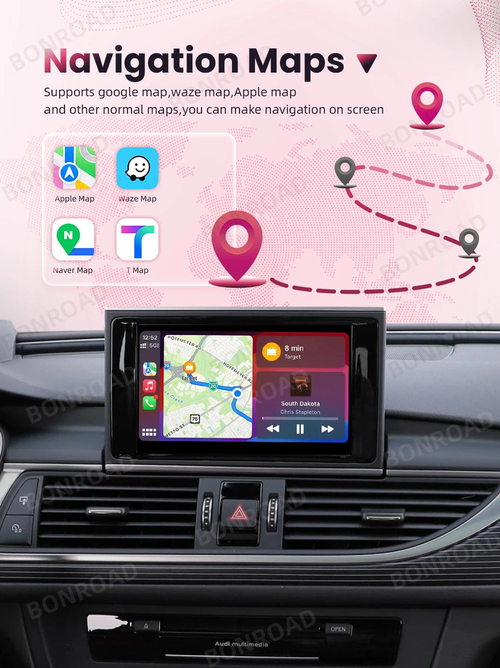 Draadloze CarPlay Adapter – Android Auto Interface – Bluetooth Interface – Mirror Link Module – GPS Navigatie Module – Voor Audi A8 2012-2018 7" – Plug & Play – Draadloze Connectiviteit