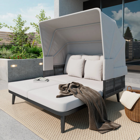 2-Persoons Lounge Chair – Tweezits Loungestoel – Buitenstoel – Tuinstoel – Verstelbaar Zonnescherm – Weerbestendig Handgeweven Materiaal – Dikke Zachte Kussens