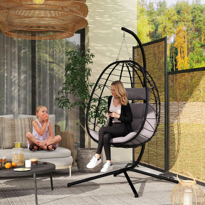 Hangstoel in Ei-vorm - Egg Hangstoel - Hangstoel Ei - Tuin Schommelstoel - met Standaard - Opvouwbare Mand - Inclusief Kussen - en Hoofdkussen - 198x98x95cm - voor Buiten - Terrasdecoratie - Balkon - Khaki