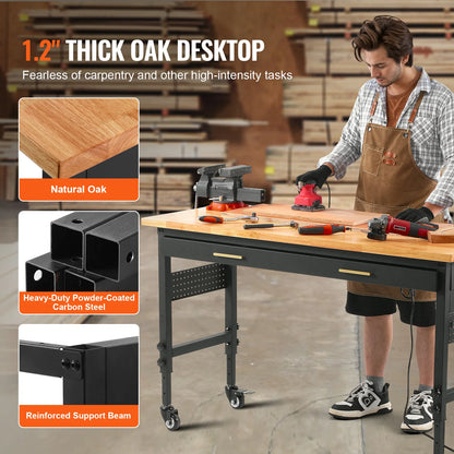 Verstelbare Werkbank - Werktafel - Industriële Werkbank - met Wielen - en Lade - 60x24inch - 1500lbs - met Wielen - en Lade - Houten Werktafel - Hoogte Verstelbaar - Pegboard & Stopcontact - voor Garage - Werkplaats of Kantoor