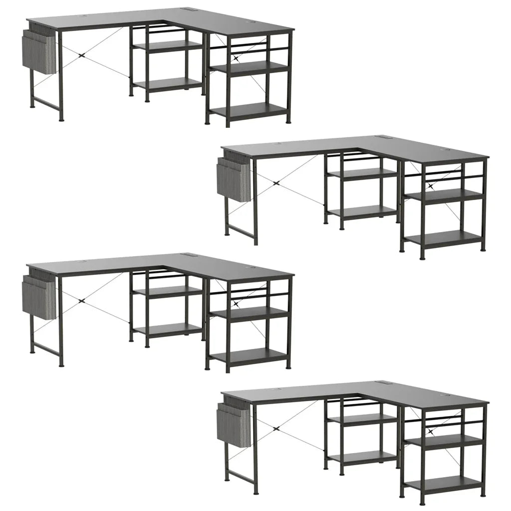L-vormig bureau – Computerbureau – Gametafel – Bureau met opbergruimte – Thuiswerk bureau – Met USB-poorten en RGB LED-verlichting – Grijs/Zwart – Stabiel stalen frame - QUORE