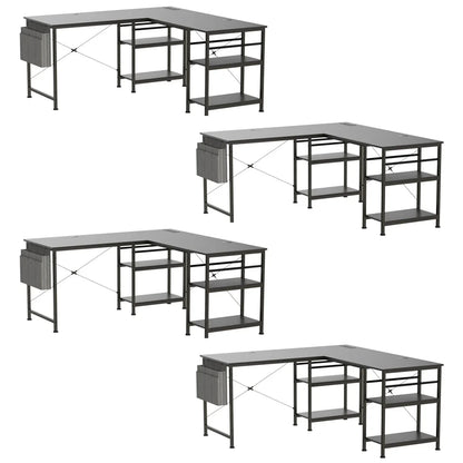 L-vormig bureau – Computerbureau – Gametafel – Bureau met opbergruimte – Thuiswerk bureau – Met USB-poorten en RGB LED-verlichting – Grijs/Zwart – Stabiel stalen frame - QUORE
