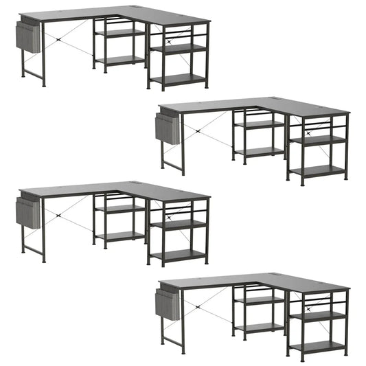 L-vormig bureau – Computerbureau – Gametafel – Bureau met opbergruimte – Thuiswerk bureau – Met USB-poorten en RGB LED-verlichting – Grijs/Zwart – Stabiel stalen frame - QUORE