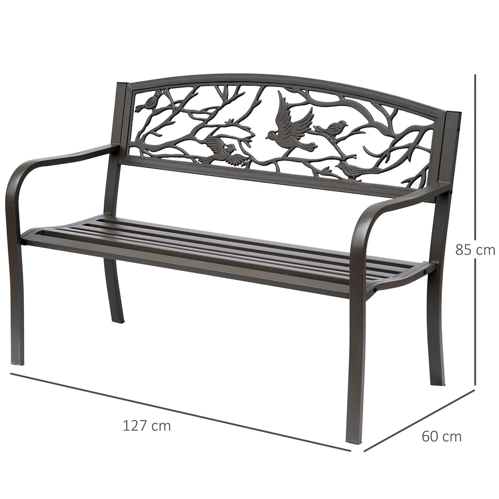 Tuin Bank - Tuinbank Hout - Tuinbanken - Garden Furniture - Stalen Tuinbank met Decoratieve Rugleuning en Dierenmotief - 127x60x85 cm - Chocoladebruin - QUORE