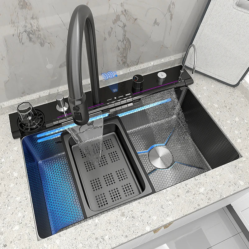 Stainless Steel Waterfall Kitchen Sink Large Single Slot With Digital Display Faucet Apartment Multifunctional Wash Basin