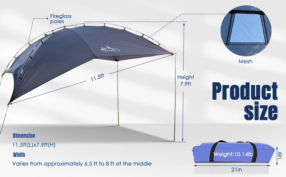 Waterdichte Auto Achtertent – Zonnescherm & Regenluifel – Universele SUV Tent – 350x240x105 cm – 4 Seizoenen - QUORE