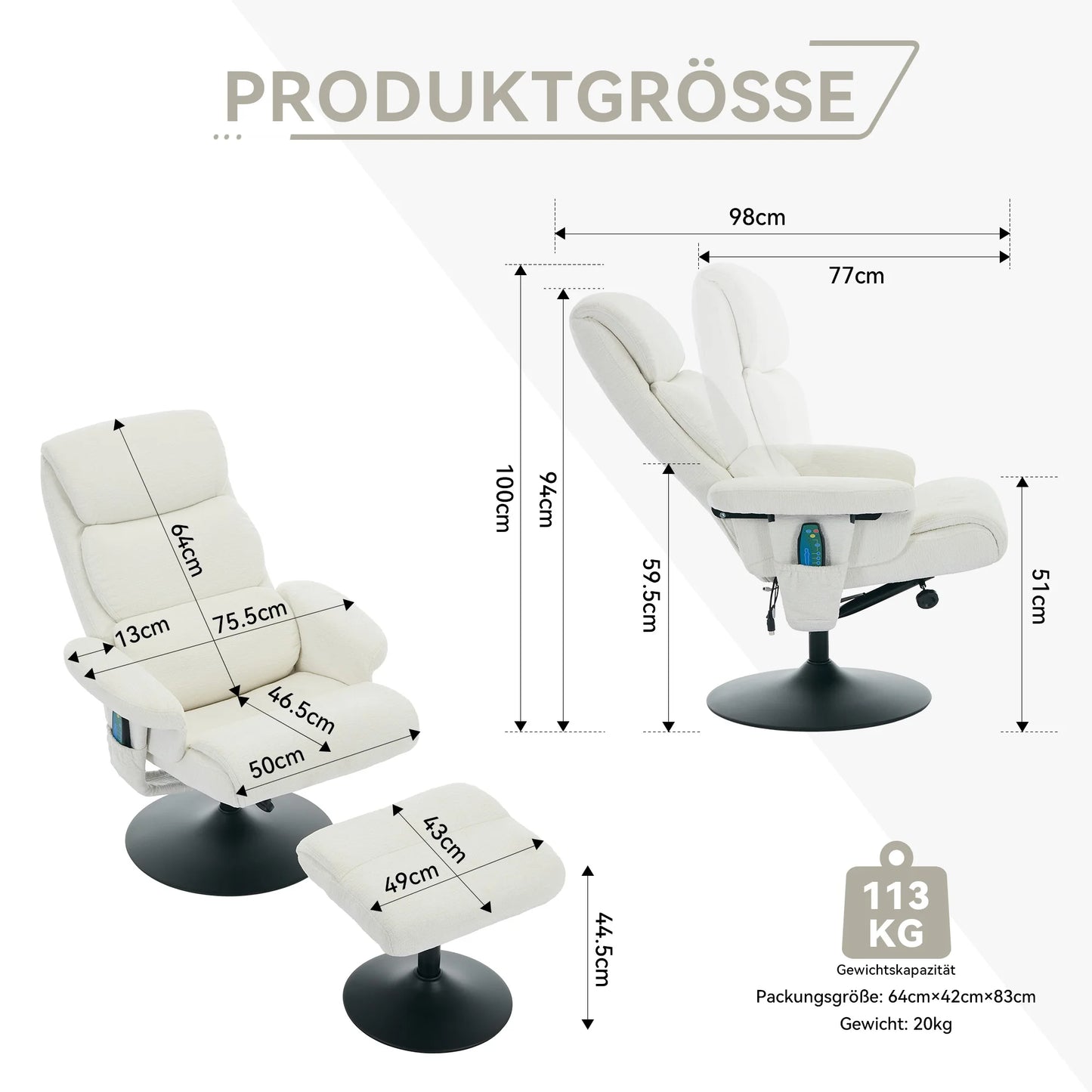 Massagestoel – Relaxfauteuil – TV-stoel – Massagefauteuil – Massagekussen – 5-Punts Massage – Elektrische Verwarming – 360° Draaibaar – Chenille Stof – Verstelbare Rugleuning 140° – Inclusief Voetenbank