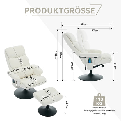 Massagestoel – Relaxfauteuil – TV-stoel – Massagefauteuil – Massagekussen – 5-Punts Massage – Elektrische Verwarming – 360° Draaibaar – Chenille Stof – Verstelbare Rugleuning 140° – Inclusief Voetenbank