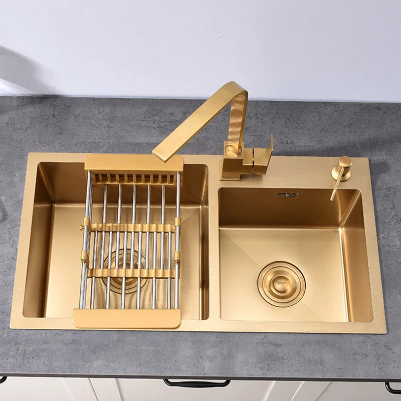 Dubbele Spoelbak – Gouden Keukenspoelbak – RVS Spoelbak – Dubbele Kom Spoelbak – Spoeltafel – 80x45 cm Formaat – Ingebouwde Zeepdispenser & Drainer