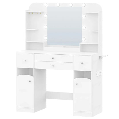 Make-uptafel – Kaptafel – Visagie tafel – Make-up bureau – Witte make-uptafel – LED-verlichting met instelbare lichtsterkte – 2 Grote laden met sieradentrays - QUORE