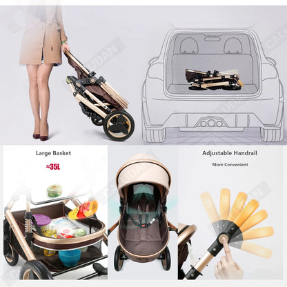 Kinderwagen - Buggy - Baby Kinderwagen 3 in 1 - Opvouwbare - Wandelwagen - Hoog Landschap Babywagen - voor Pasgeborenen - Zwart met Goud