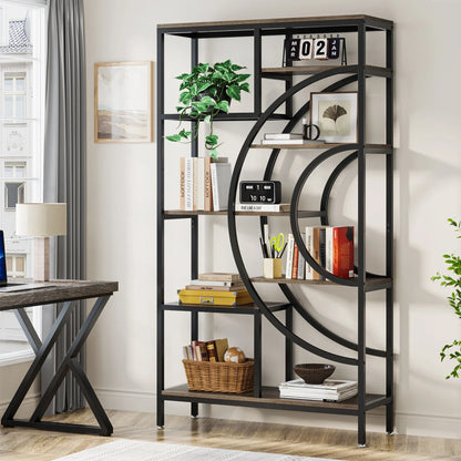 Boekenkast – Open Kast – Plankenrek – Opbergmeubel – Houten Frame – Industrieel Metalen Frame – 8-Laags Geometrisch Design - Zwart - QUORE