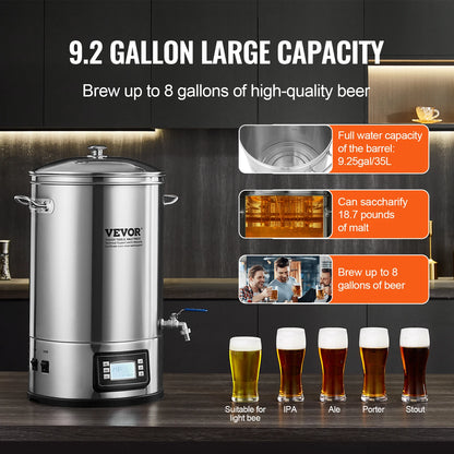 Elektrisch Brouwketel Systeem – Thuisbrouwketel – Bierbrouwset – Ambachtelijk Bierbrouwen – 30 Liter Capaciteit – 304 Roestvrij Staal – Elektronische Temperatuurregeling - QUORE