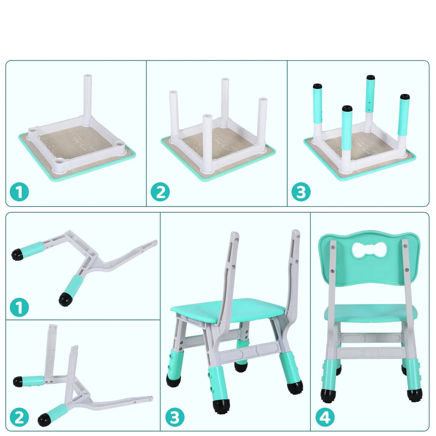 Kindertafel en Stoeltjes - Kindertafel - Kleuterstoel - Kinderstoeltje - Tafel -  Verstelbare Hoogte – 1 Tafel + 2 Stoelen – Voor Kinderen van 3 tot 8 Jaar – Studie & Speelmeubilair - Turquoise