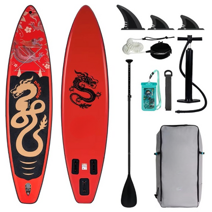 Supboard - Paddle Board - Peddelplank - Surfplank - Opblaasbaar - Inc. Peddel - 3 x Vin - Leash - Riem - Handpomp - Rugzak - Waterdichte Telefoonhoes - 350 x 84 x 15 cm - Rood & Zwart