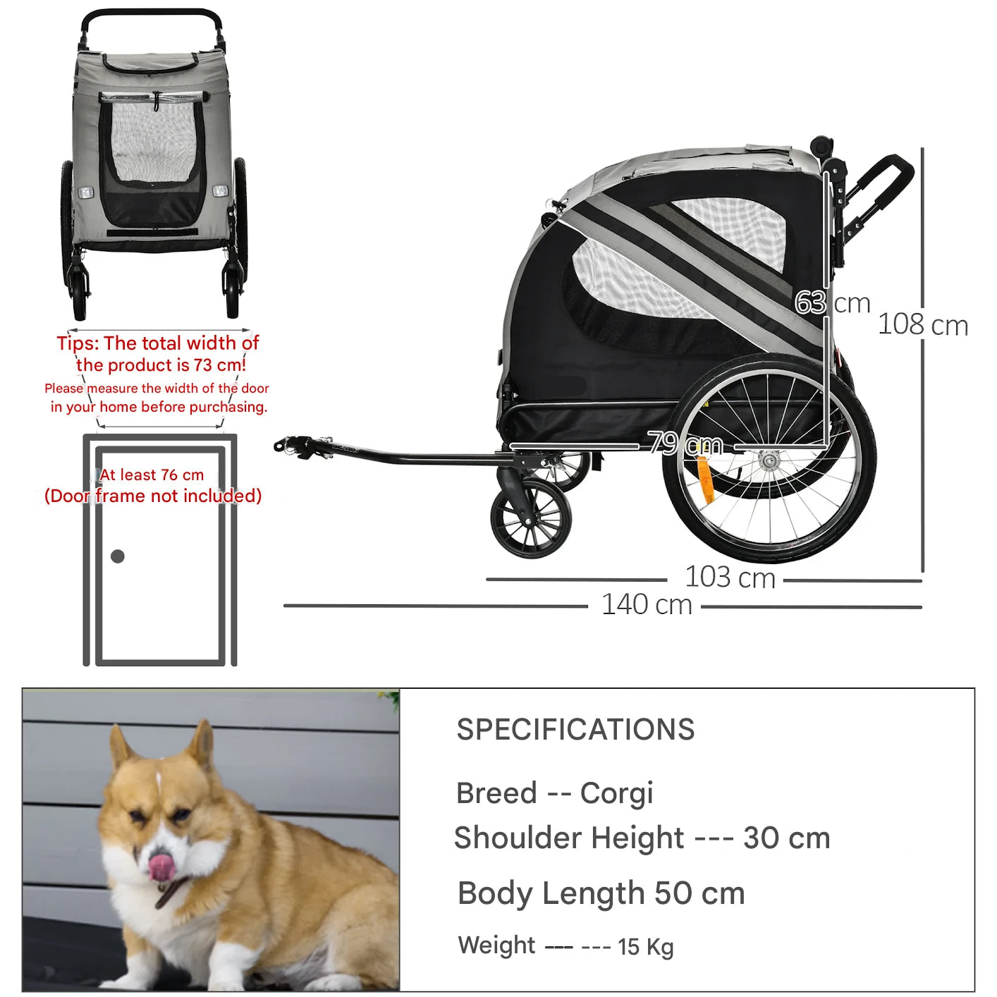 2 in 1 - Fietskar - Fietsaanhanger - Transportaanhanger - Kar - met Vlag - Mesh-vensters - Draagkracht 30kg - Weerbestendig - Oxfordstof - Metalen frame - 134 x 73 x 108 cm - Grijs