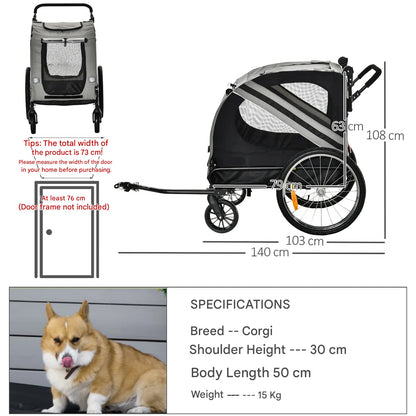 2 in 1 - Fietskar - Fietsaanhanger - Transportaanhanger - Kar - met Vlag - Mesh-vensters - Draagkracht 30kg - Weerbestendig - Oxfordstof - Metalen frame - 134 x 73 x 108 cm - Grijs
