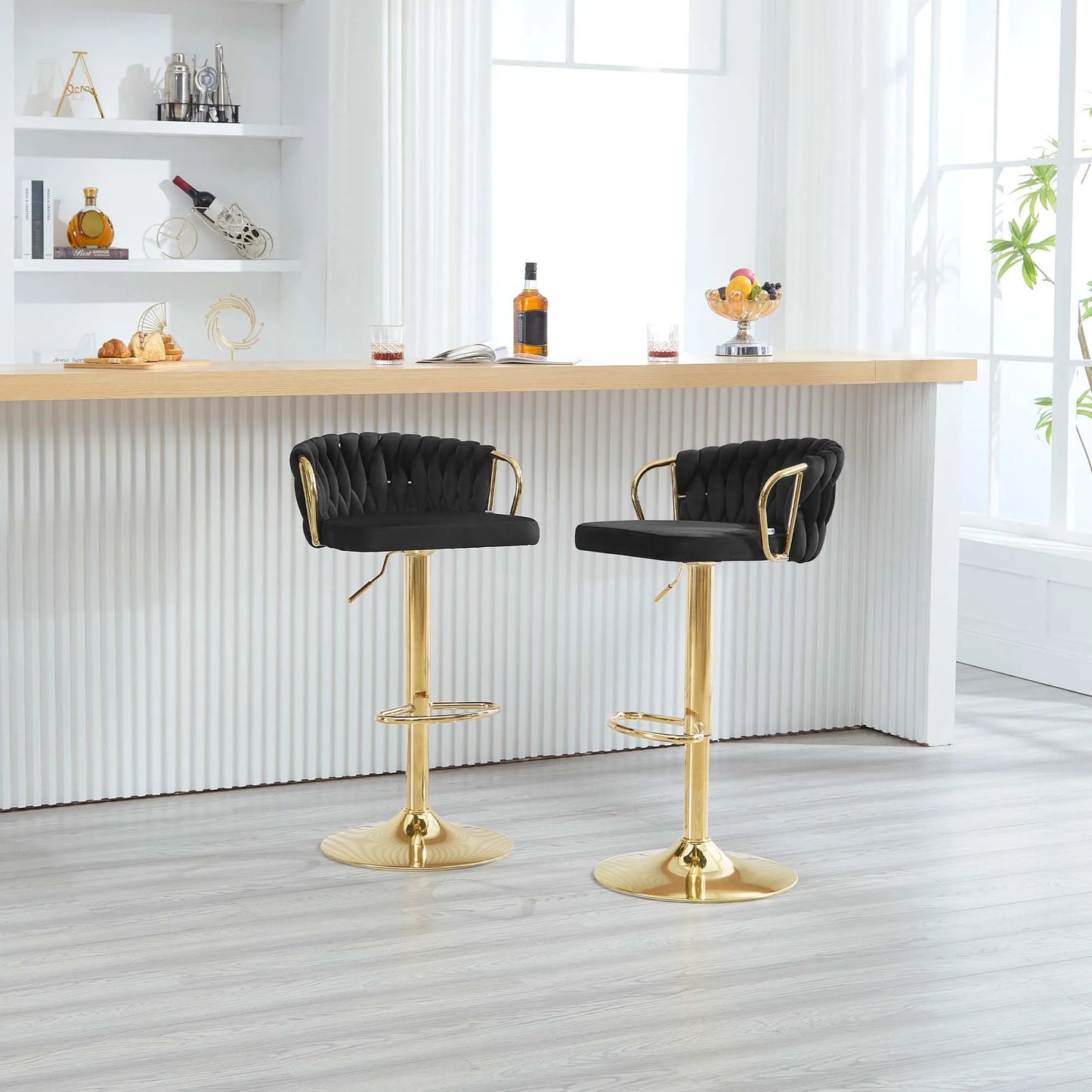 WOLTU 2PCS Velvet Bar Stool Height Adjustable Bar Chair with Braided Backrest 360° Rotatable Kitchen Stool with Metal Footrest