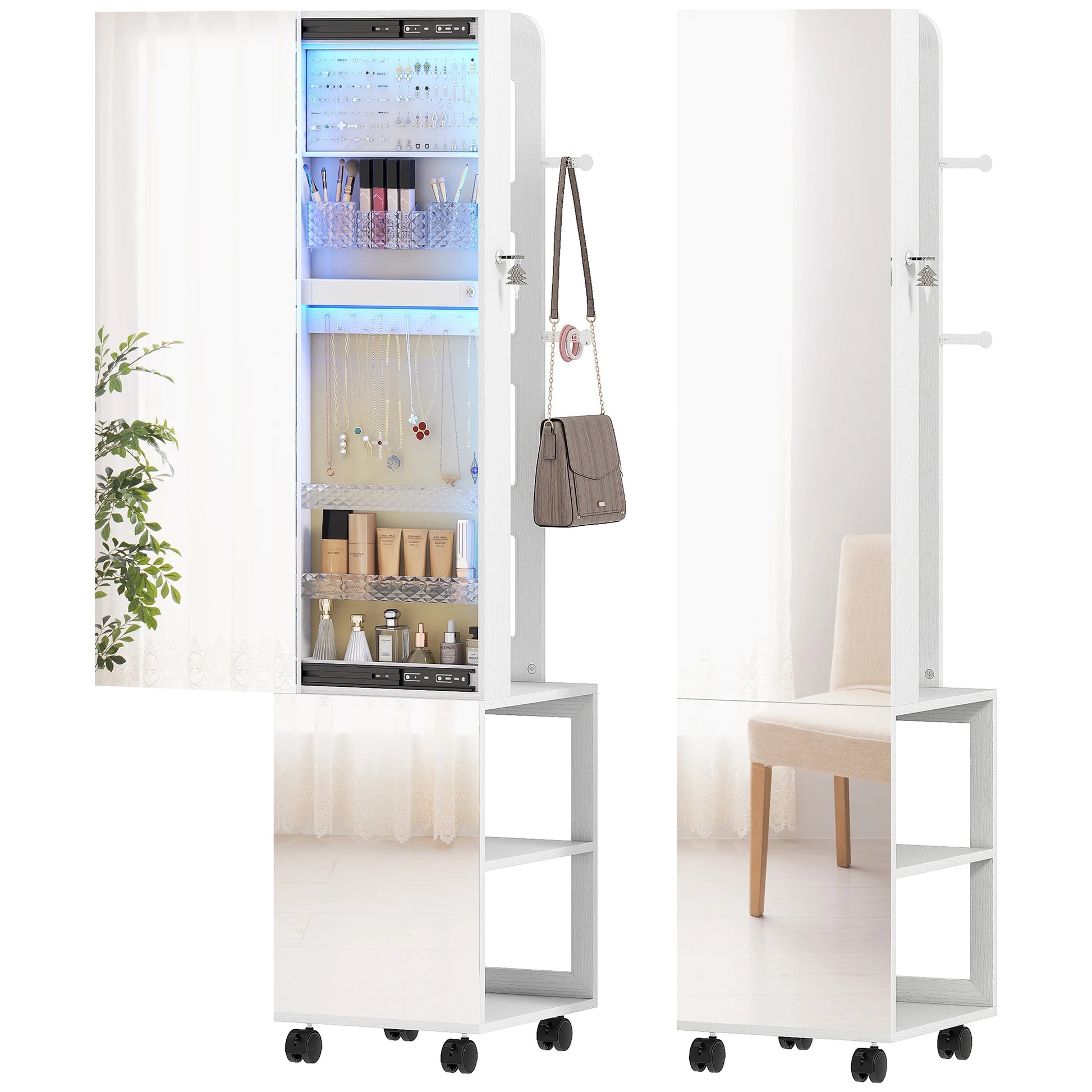 Sieradendoos Spiegel – Sieradenkast – Opbergdoos – Accessoire Organizer – 360° Draaibare Basis – LED-Verlichting – Slot Met Sleutels – Wit Met Beige - QUORE
