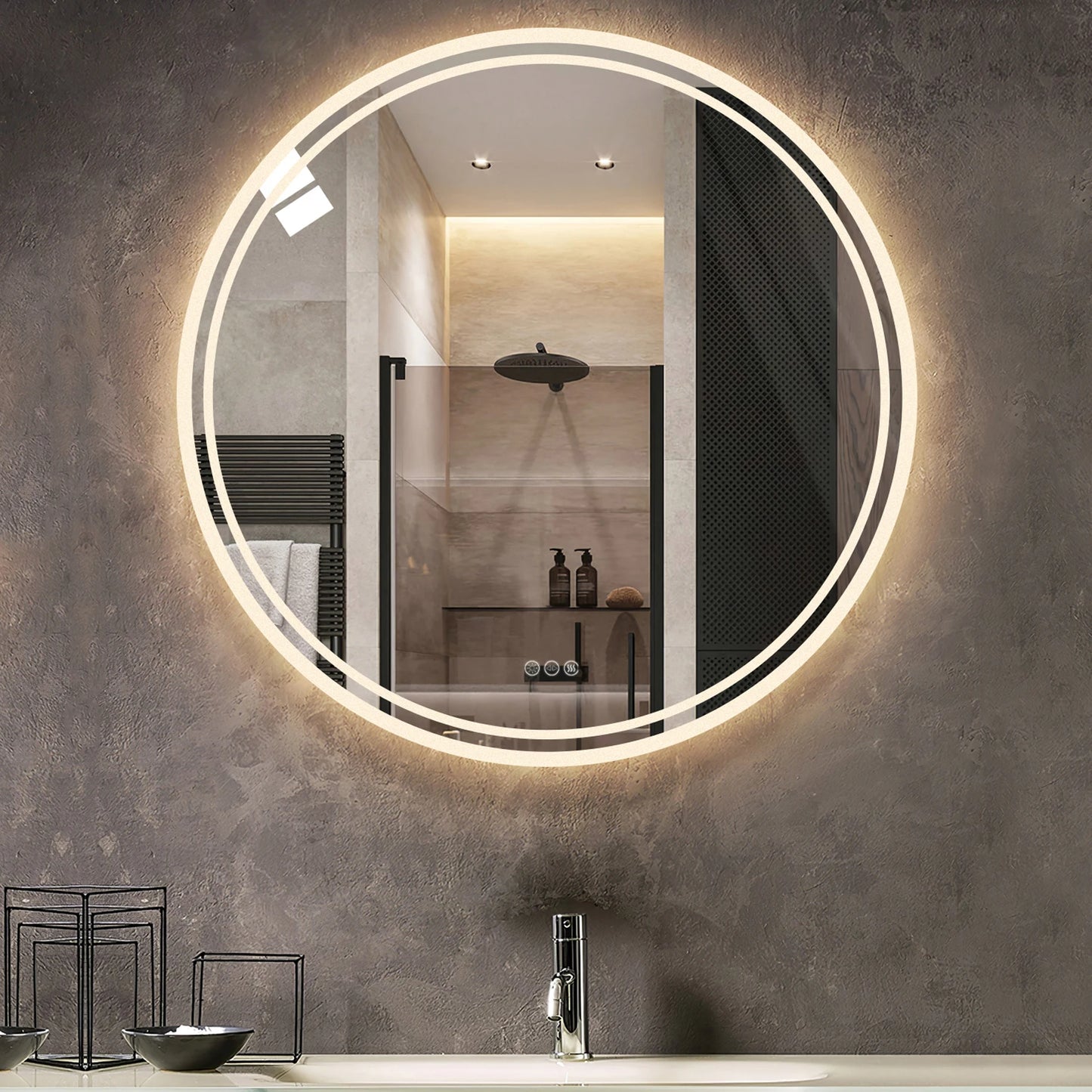 Badkamerspiegel – Ronde LED - Wandspiegel - met Anti-Fog en Dimbaar Licht - 3 Instelbare Lichtkleuren - Geheugenfunctie - 32x32inch