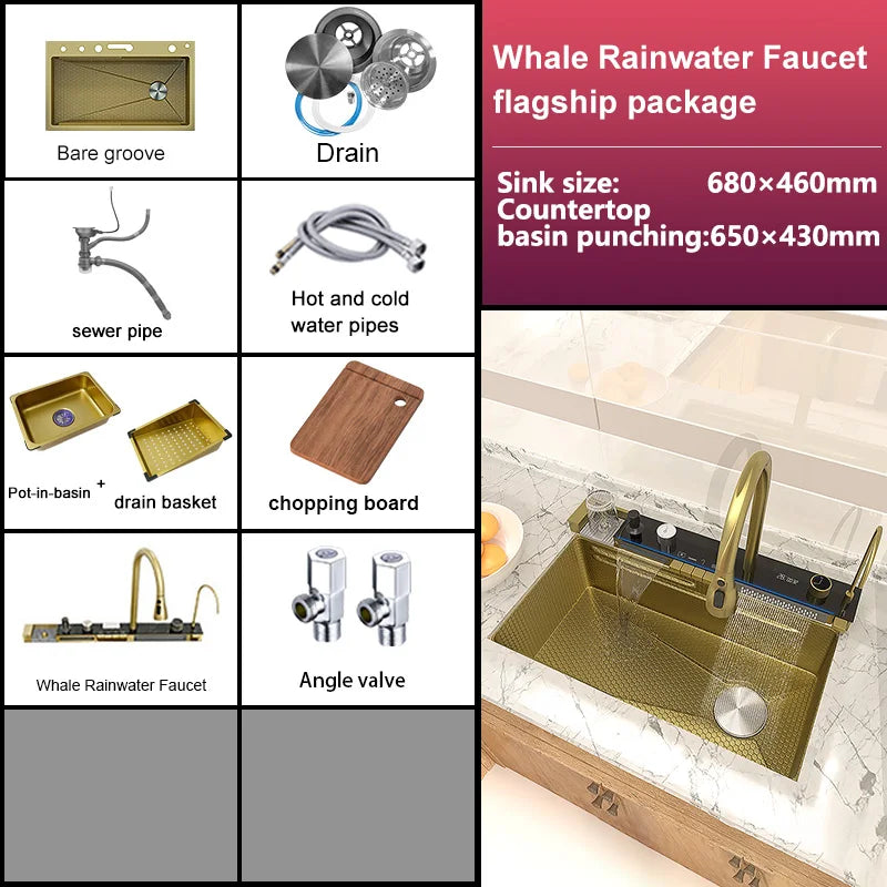 Stainless Steel Waterfall Kitchen Sink Large Single Slot With Digital Display Faucet Apartment Multifunctional Wash Basin