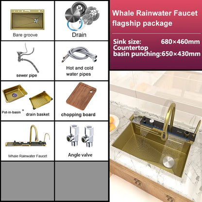 Stainless Steel Waterfall Kitchen Sink Large Single Slot With Digital Display Faucet Apartment Multifunctional Wash Basin