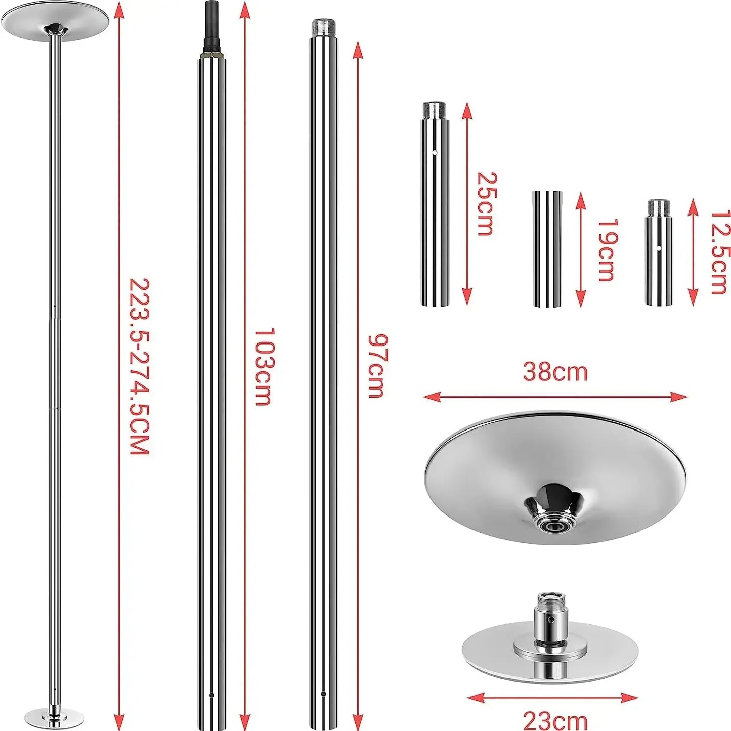 Paaldanspaal – Pole Dance Paal – Danspaal – Fitnesspaal – Spinpaal – Verstelbare Hoogte 2,35-2,74 m – Roestvrij Staal 45 mm